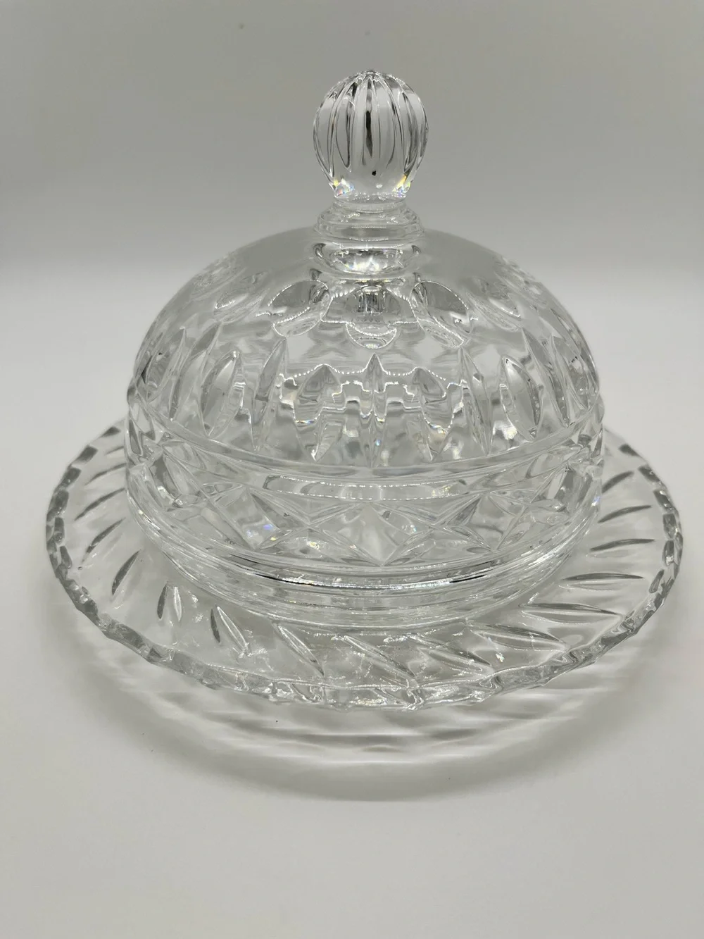 Neiman Marcus Lead Crystal Covered Round Butter Dish Made in Poland